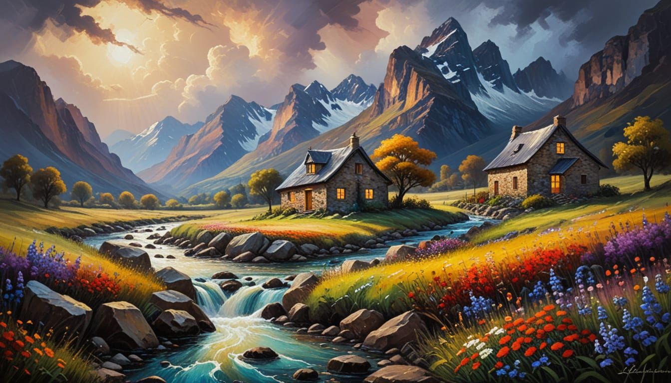 Jagged Mountains Rise into Turbulent Sky as Impasto Painting