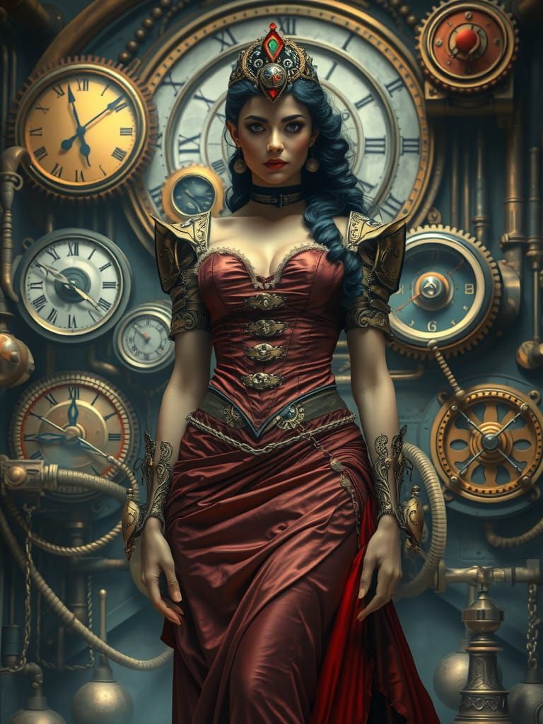 Steampunk Goddess with Clockwork Machinery Background