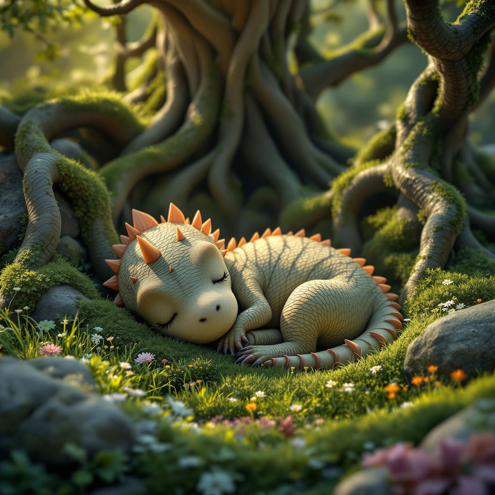 Dreamy Dinosaur Snores in Fantastical Landscape