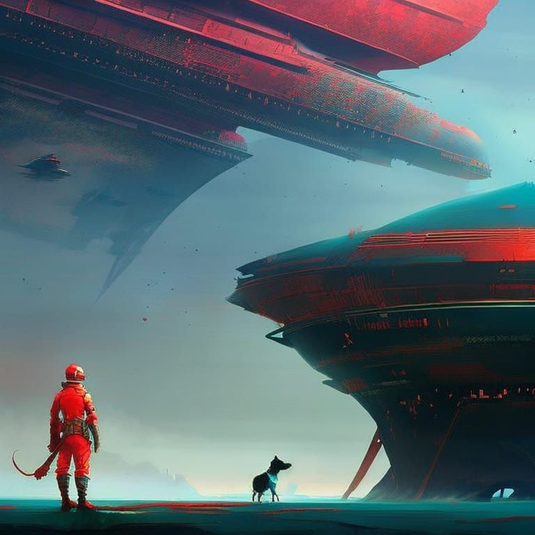 Man and Dog on Alien Planet: Abstract Sci-Fi Oil Painting