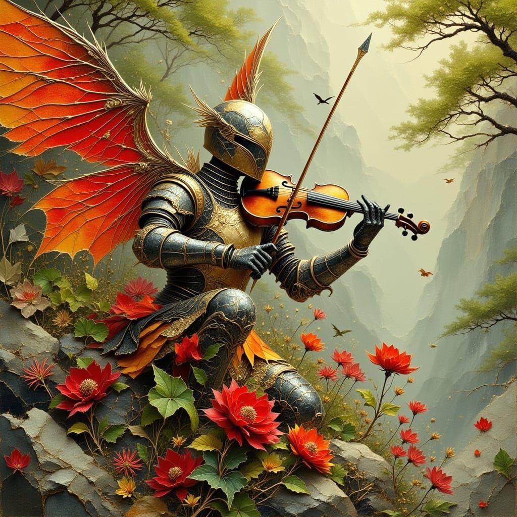 Knight with Floral Armor Wields Violin Sword