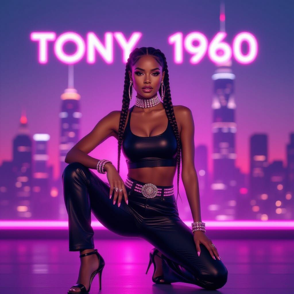 Futuristic African American Woman in Neon Cityscape