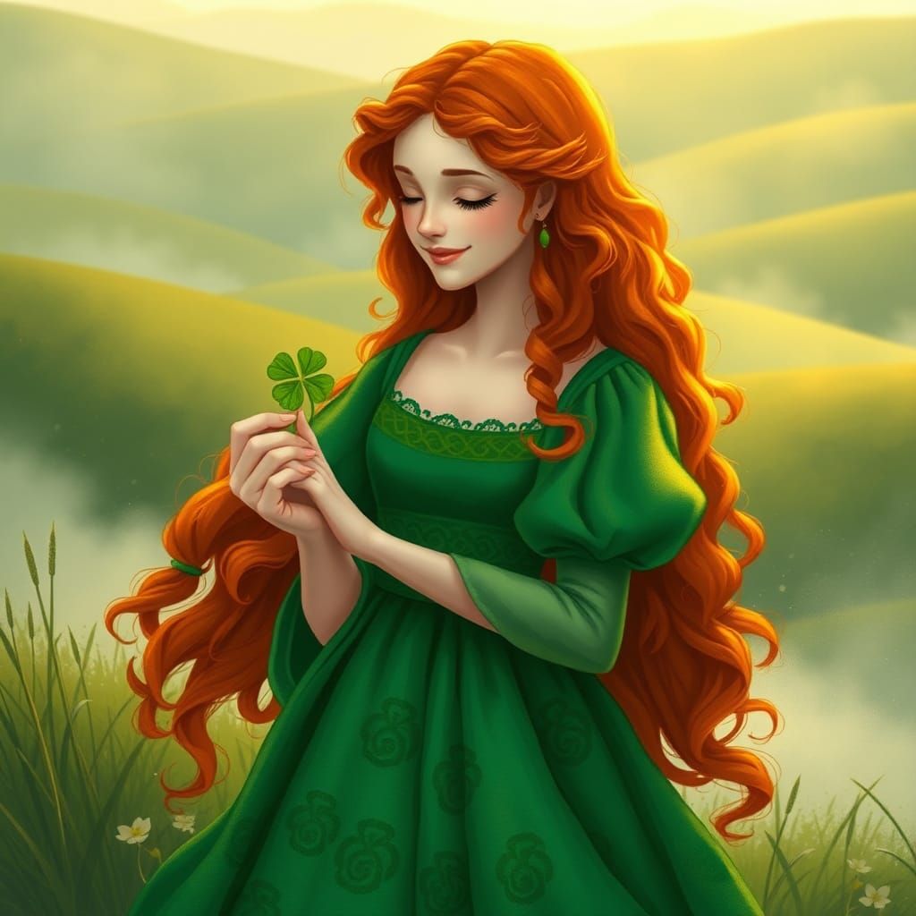 Irish Maiden Gazing at Clover in Folk-Art Style
