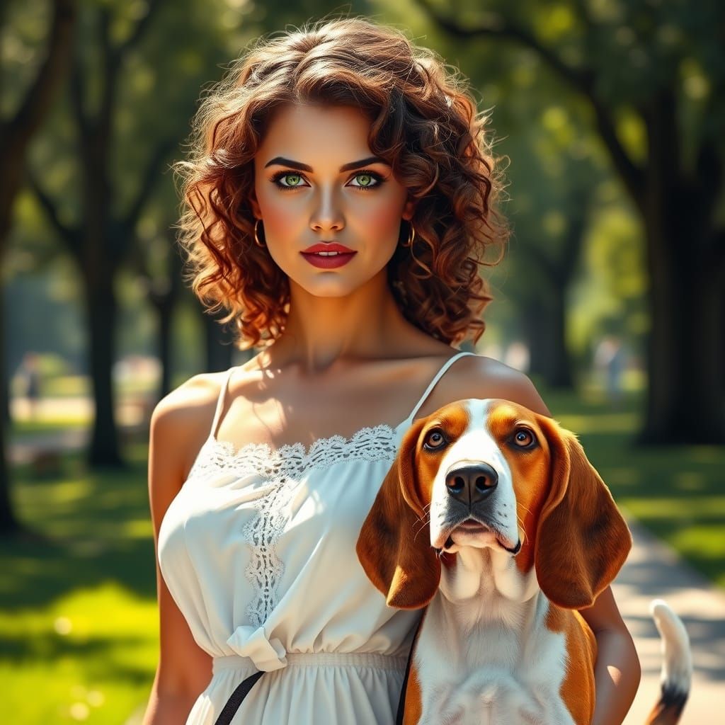 Hyperrealistic Woman and Snoopy in a Serene Summer Park