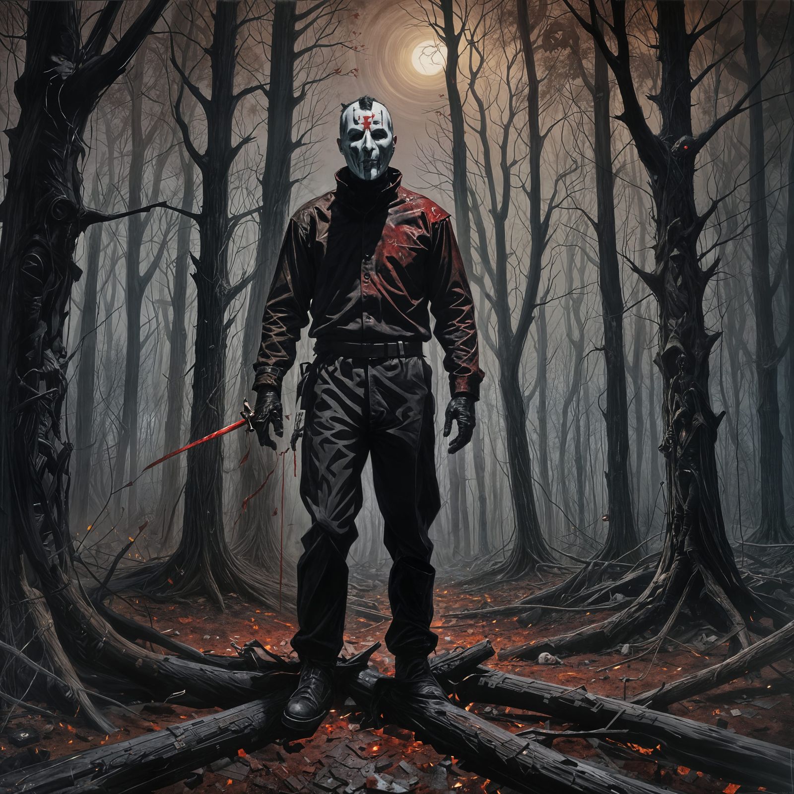 Menacing Figure in Dark Forest, Gothic Horror Style