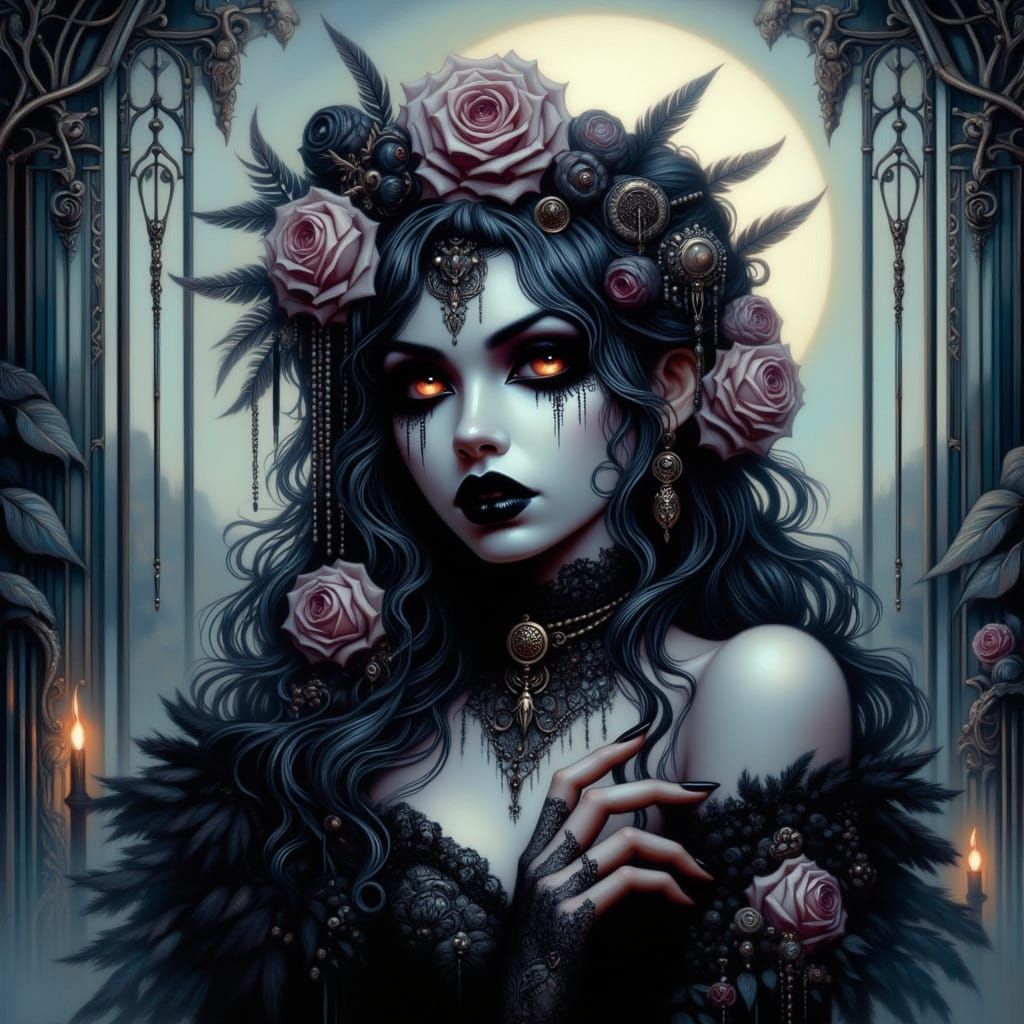 Hauntingly Beautiful Gothic Woman in Moonlit Mist