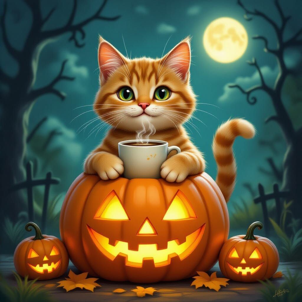 Halloween Cheese Cat Sits on Pumpkin with Coffee