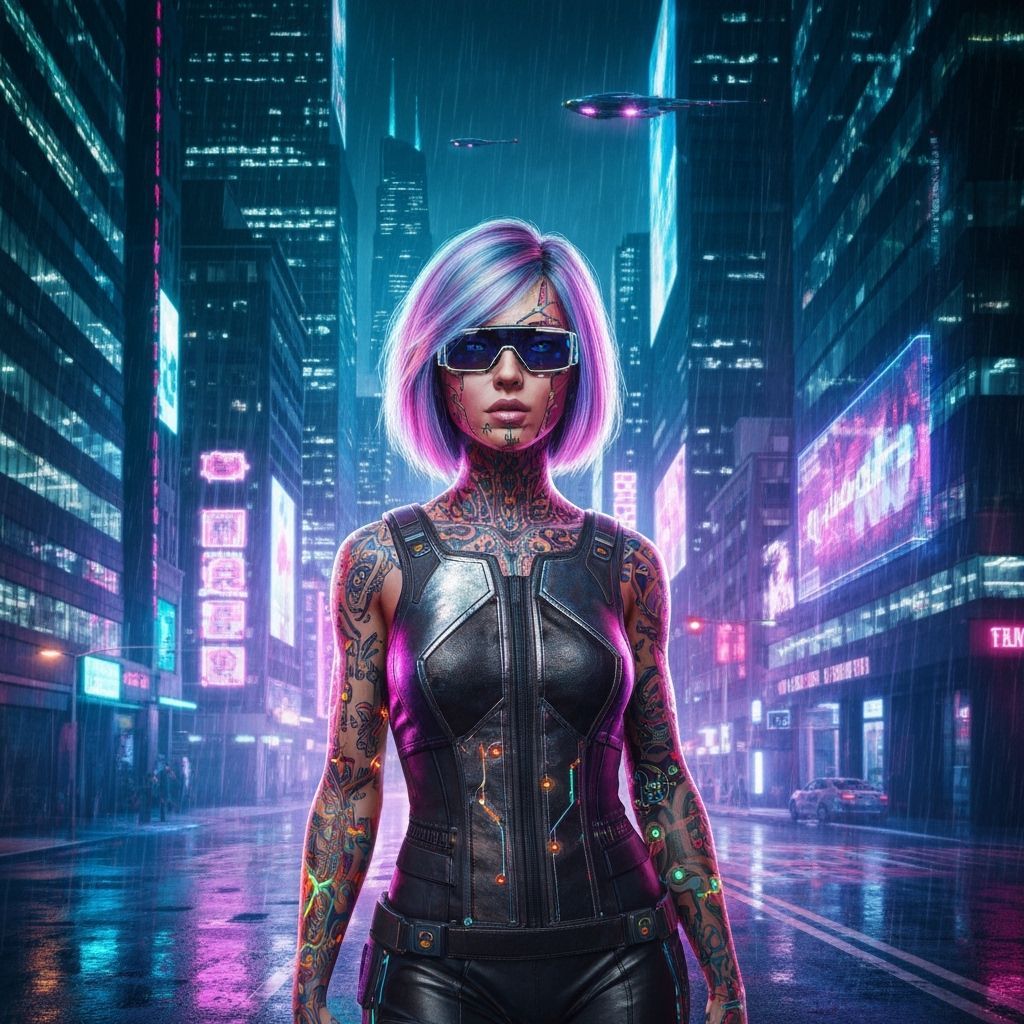 Cyberpunk Woman in Neon Metropolis with Glowing Tattoos