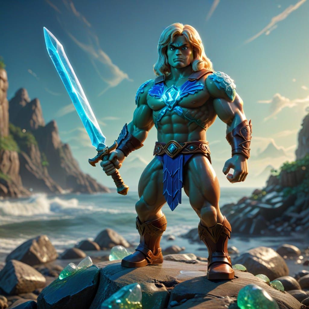 He-Man Lego Figure on Shore with Glowing Sword