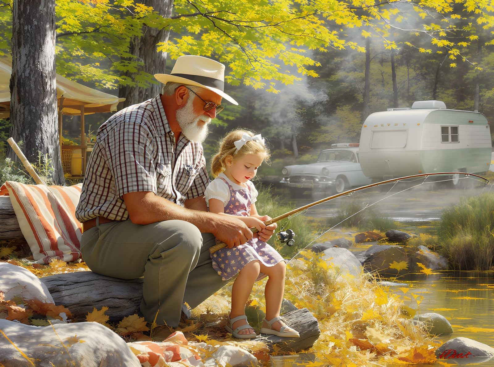 Grandpa Teaches Fishing in 1950s Style