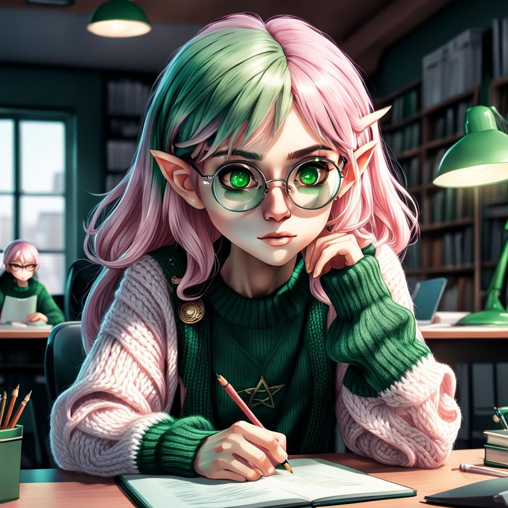 Anime Elf Girl Studying in Hyperrealistic Style