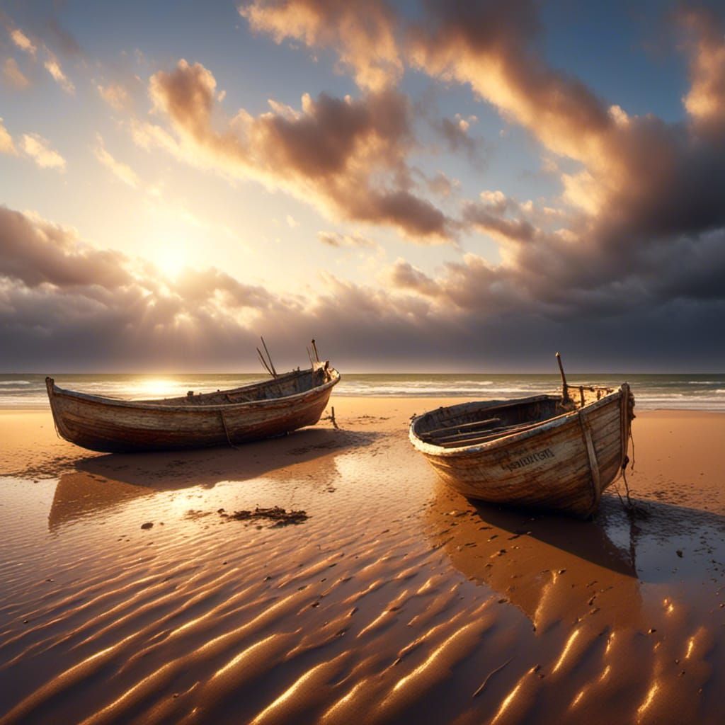 Coastal Sunset with Wooden Boats in Photorealistic Style