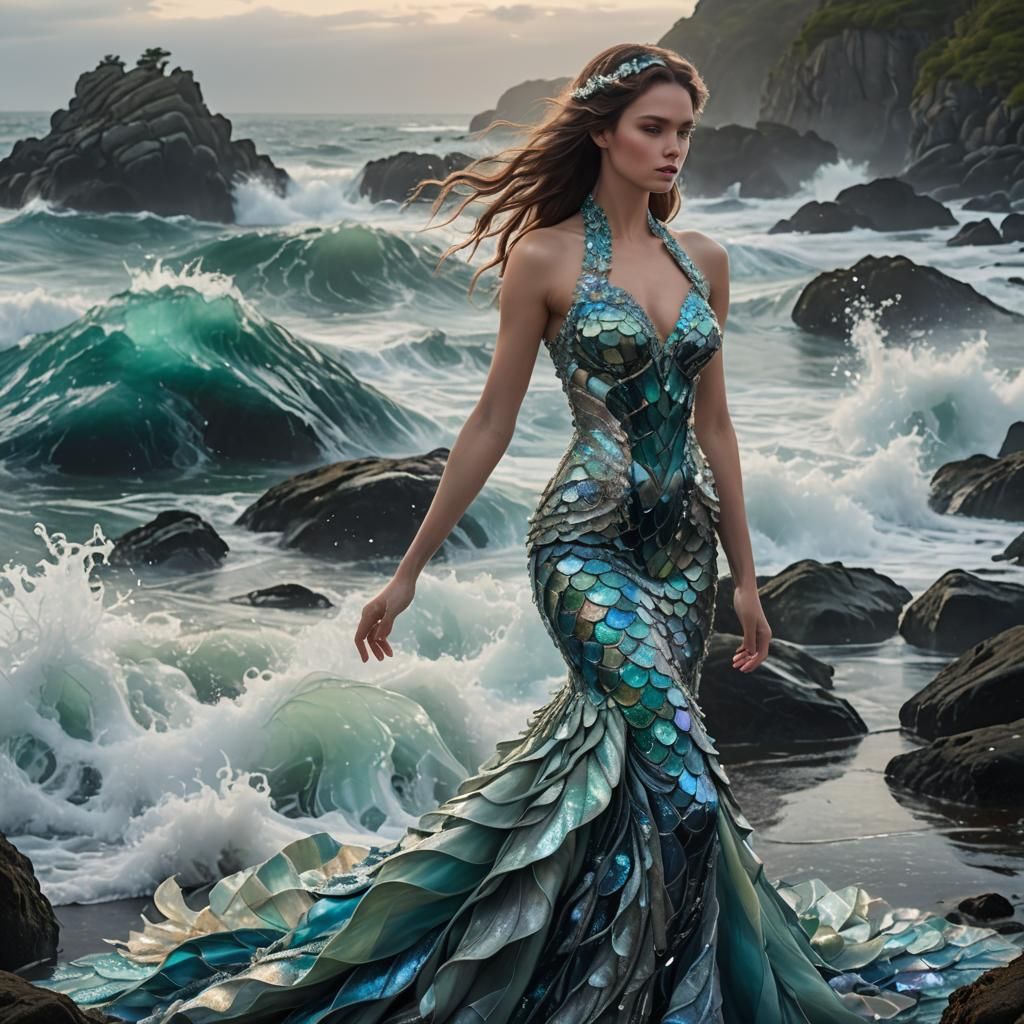Mermaid Gown on Rocky Shore: Digital Rendering