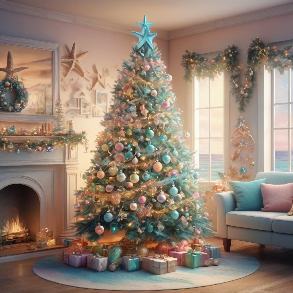 Pastel Beach Christmas Tree: Digital Oil Painting