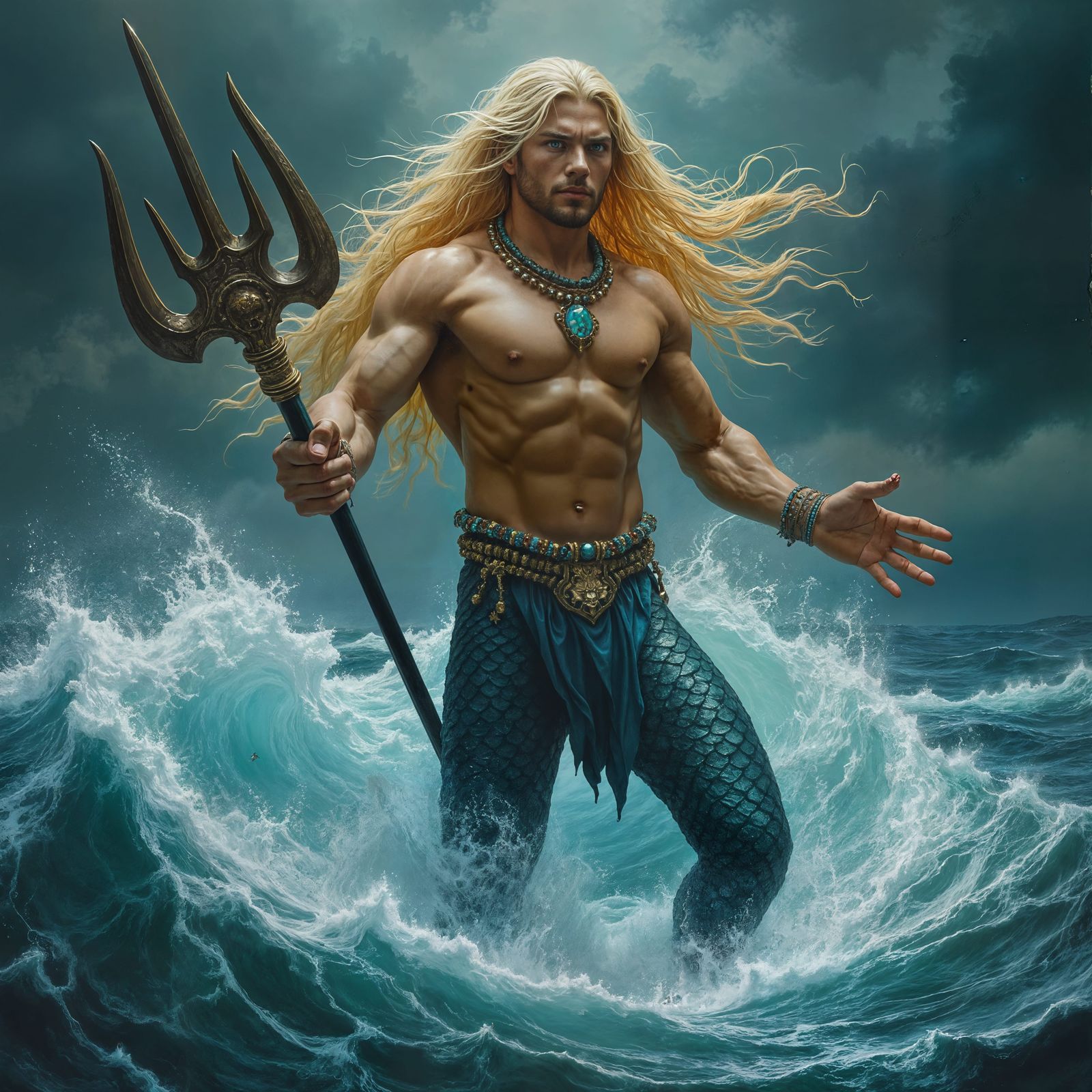 Merman Warrior Emerges from Whirlpool in Hyperrealism