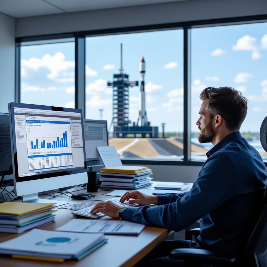 Engineer at Desk with Rocket Launch View