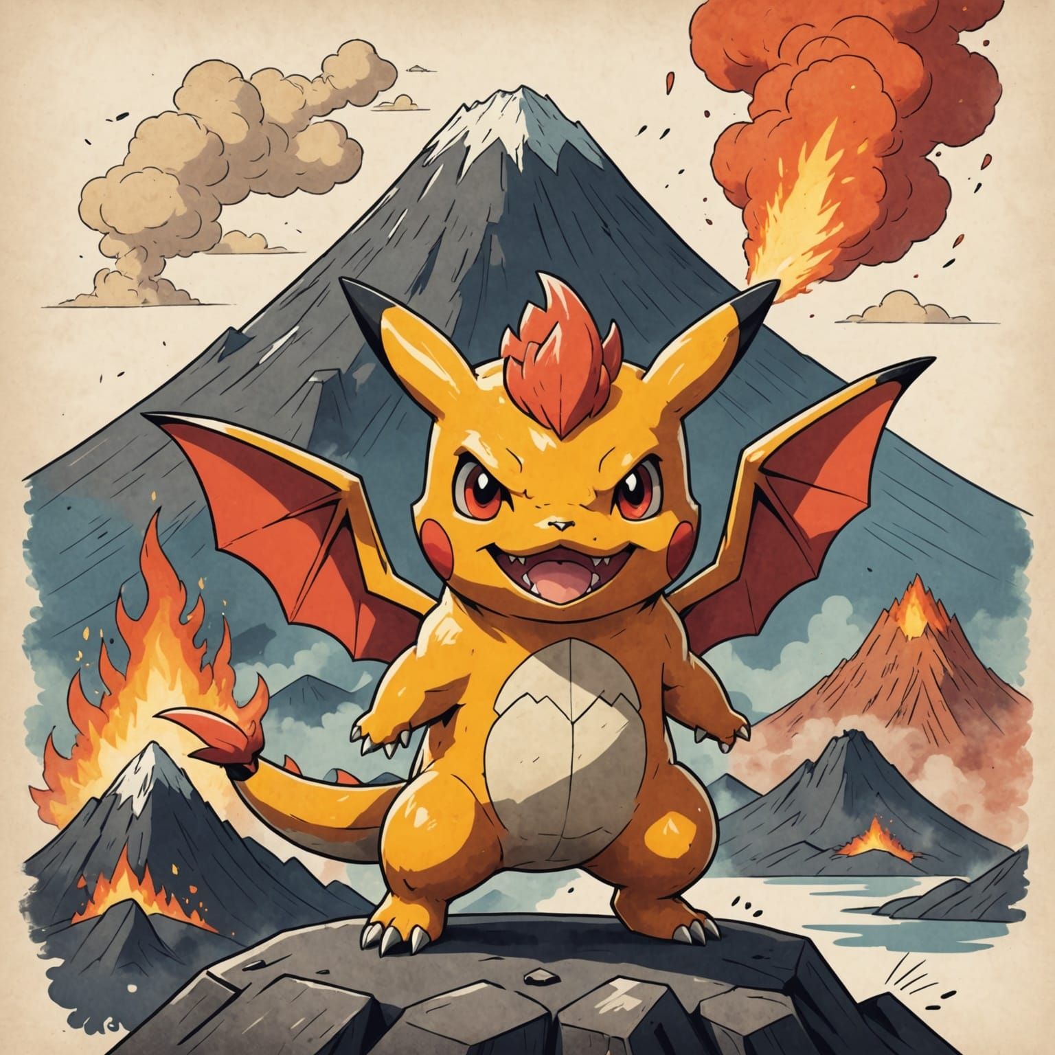 Surreal Volcano Creature in Minimalist Pencil Style