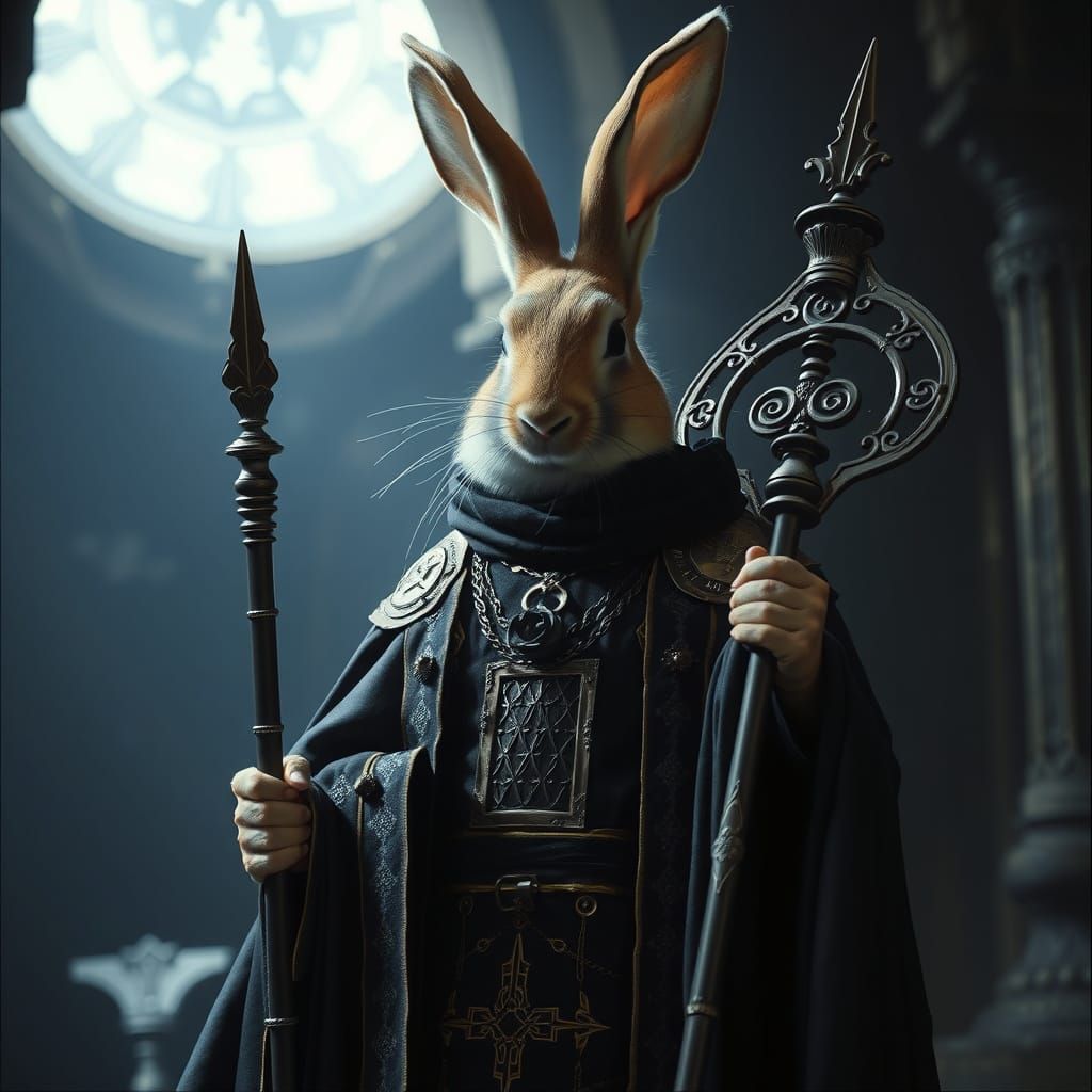 Rabbit Cleric in Dark Fantasy World: Cinematic Film Still