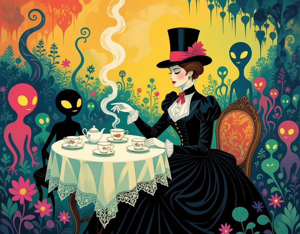 Ms. Ravencroft having tea with her spirits