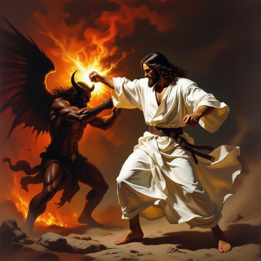 Jesus Christ Punches Lucifer in Dramatic Art Style