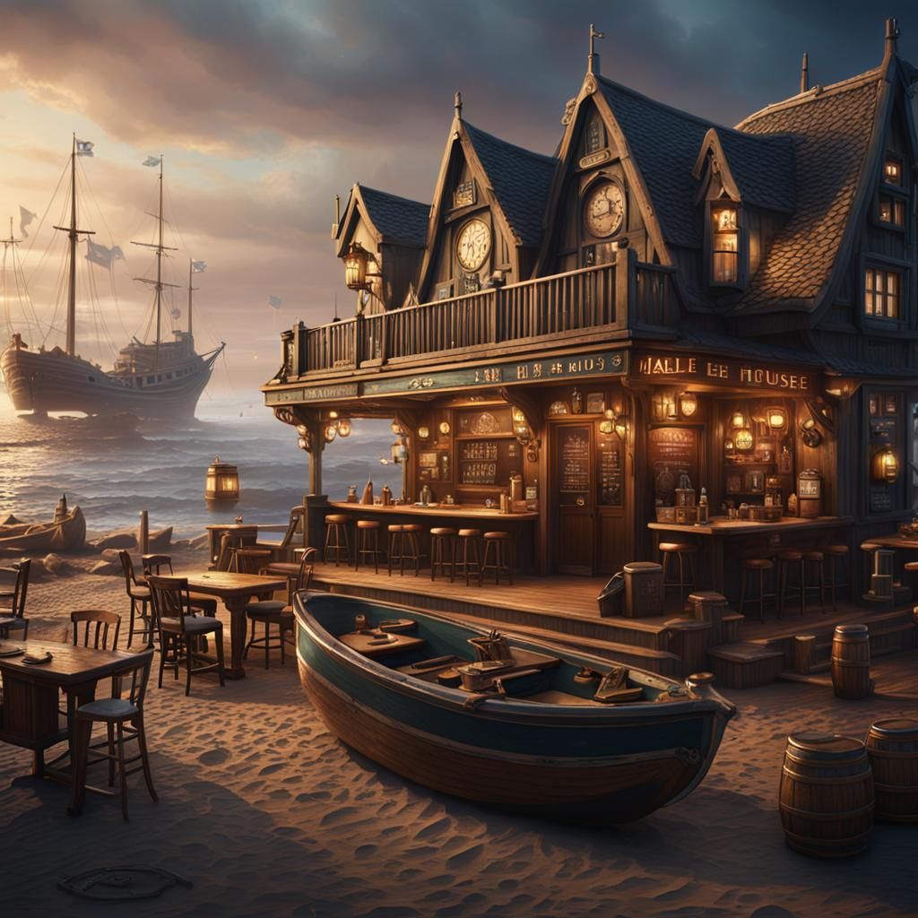 Beachfront Pub with Harbor in Detailed Digital Painting