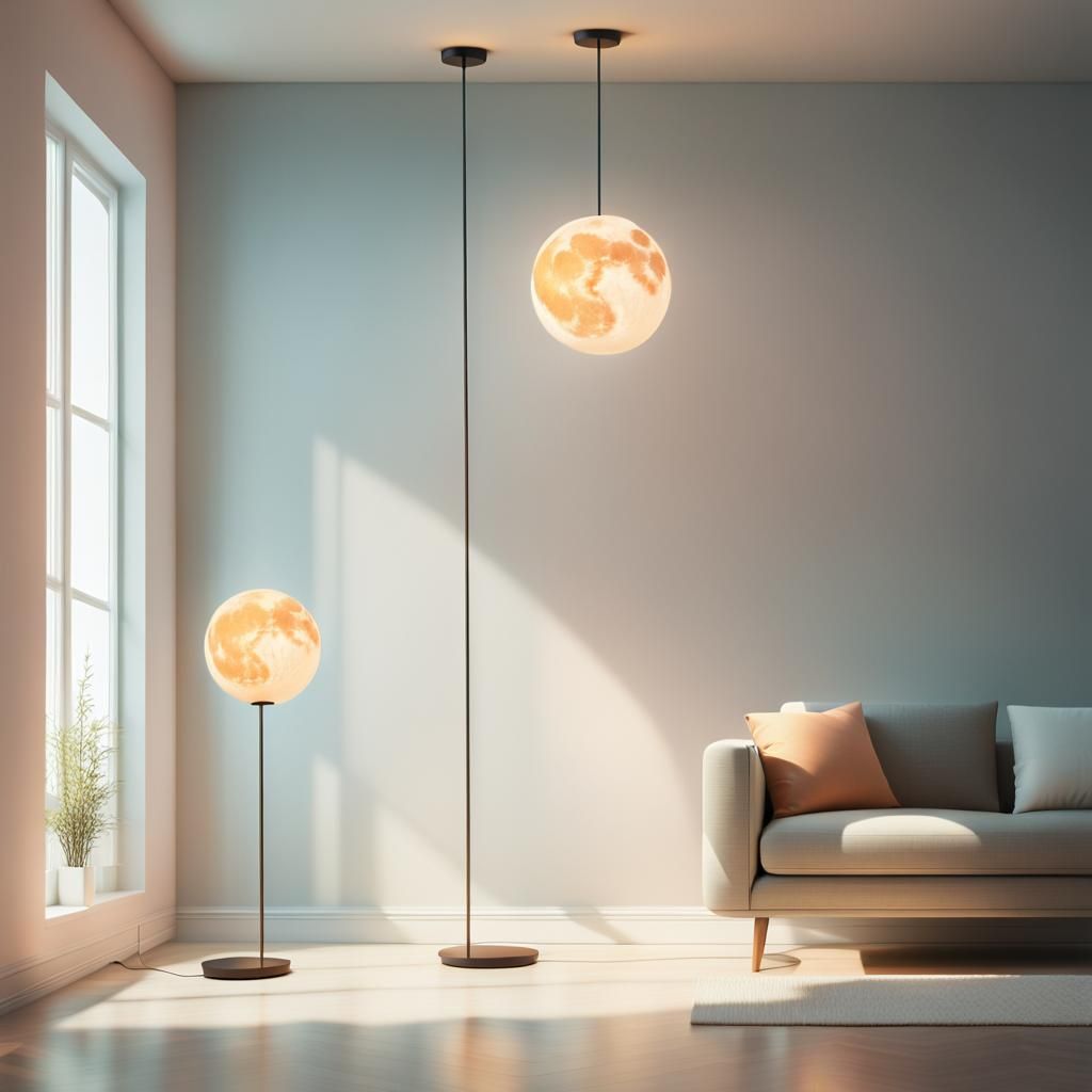 Minimalist Interior with Sun and Moon Lamps