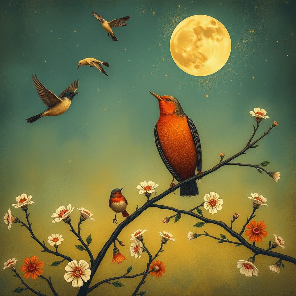 Women Birds Singing at Dawn and Dusk in Whimsical Artistic S...