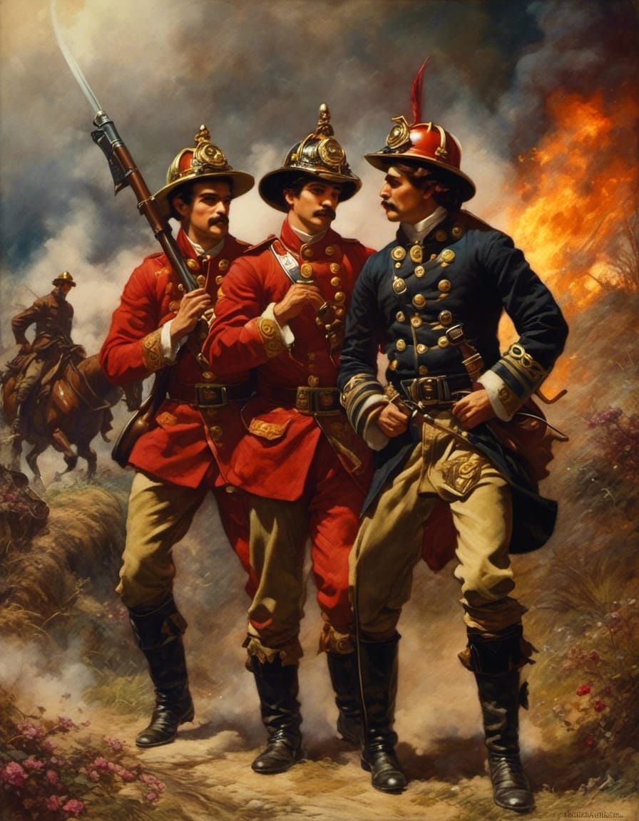 Dashing Firemen in Folk Art Style