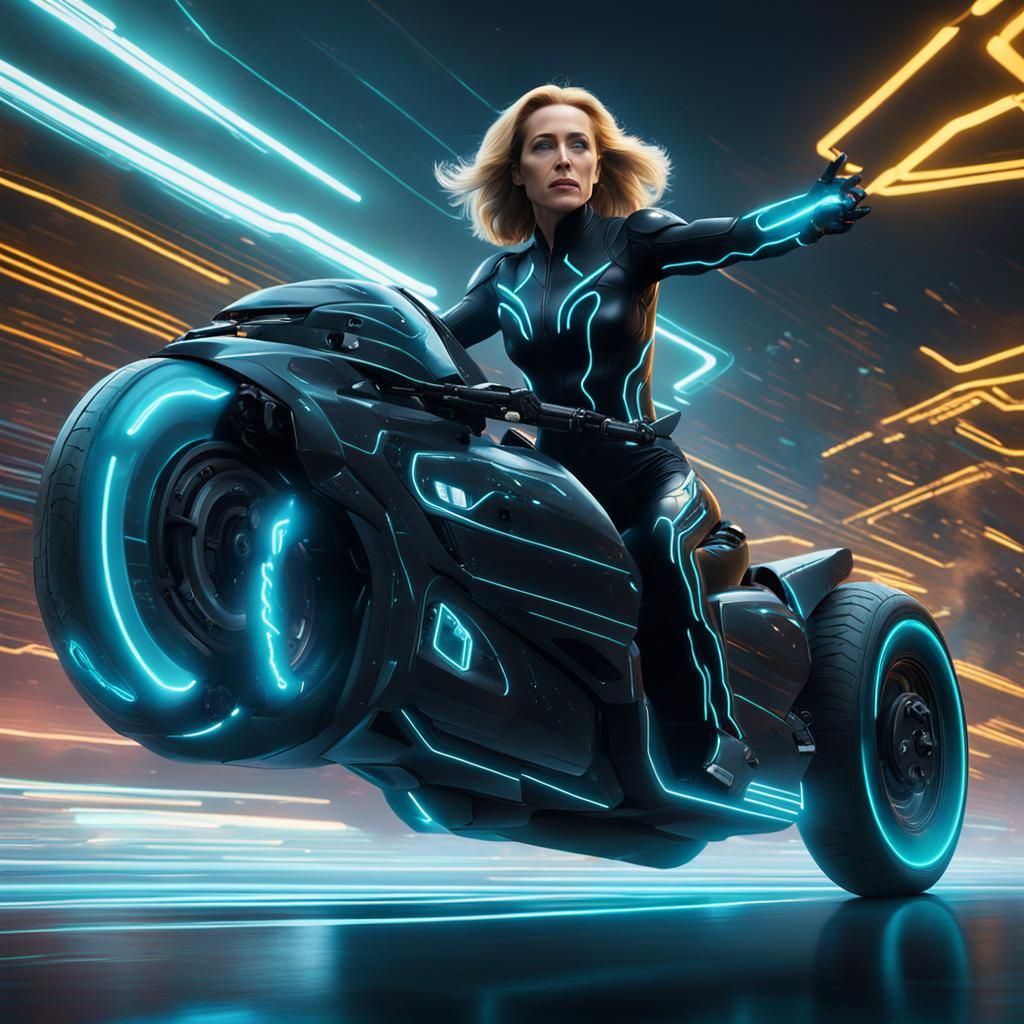 Woman on Light Cycle in Detailed Matte Painting