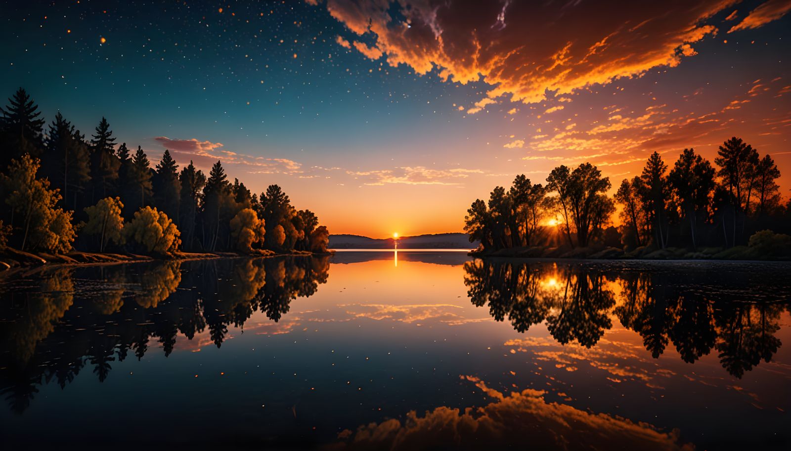 Serene Sunset Lake Scene in Photorealistic Oil Painting Styl...