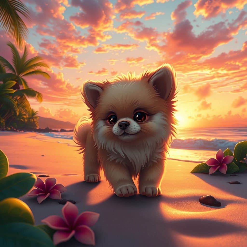 Surreal Whimsy Puppyona Enjoys Sunset on Serene Beach