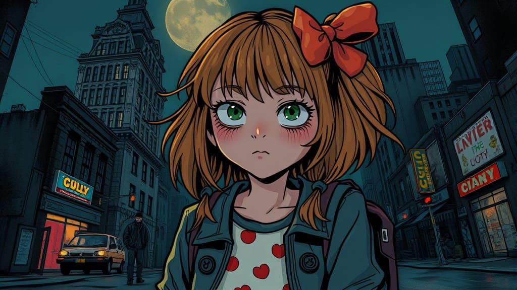 Rebellious Teen in Dark Dystopian Cityscape
