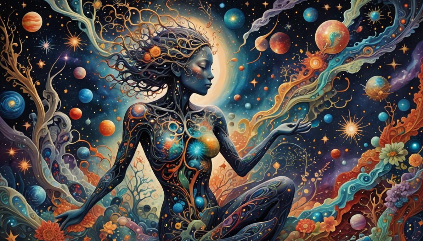 Cosmic Rebirth: Human Figure in Surreal Starscape