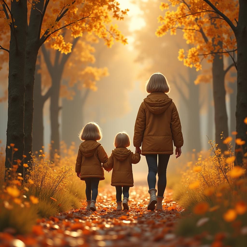 Mother and Children in Autumn Forest, Matte Painting