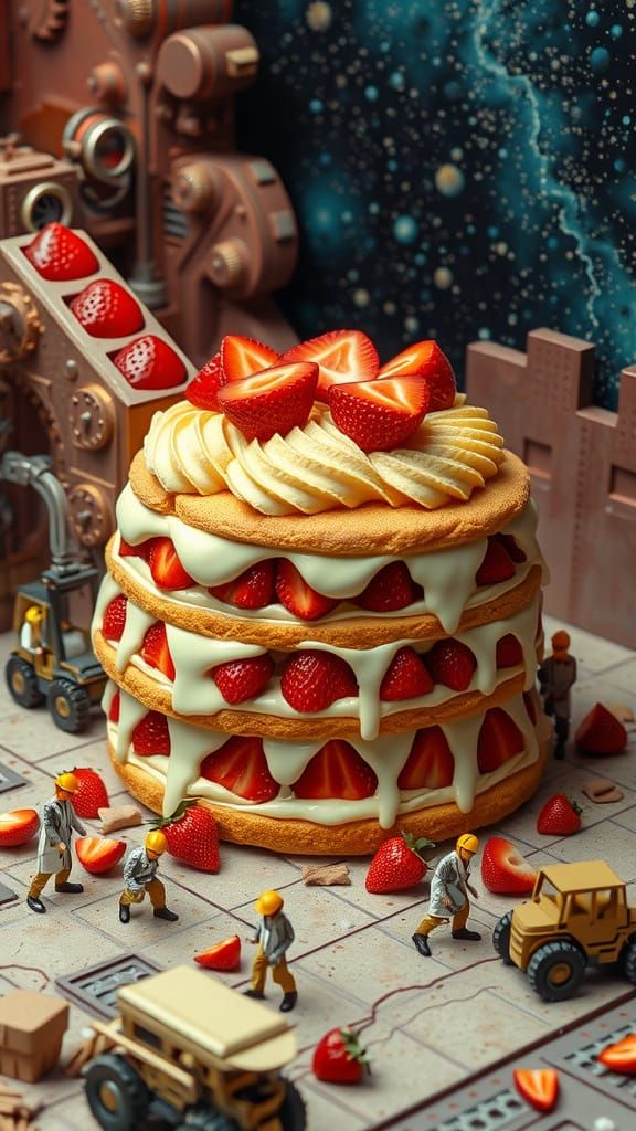 Micro People Construction Site Crafting a Colossal Strawberr...