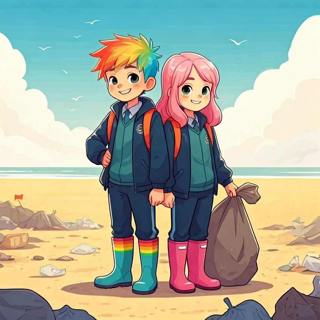 Boys Clean Beach Litter in Stylized Cartoon