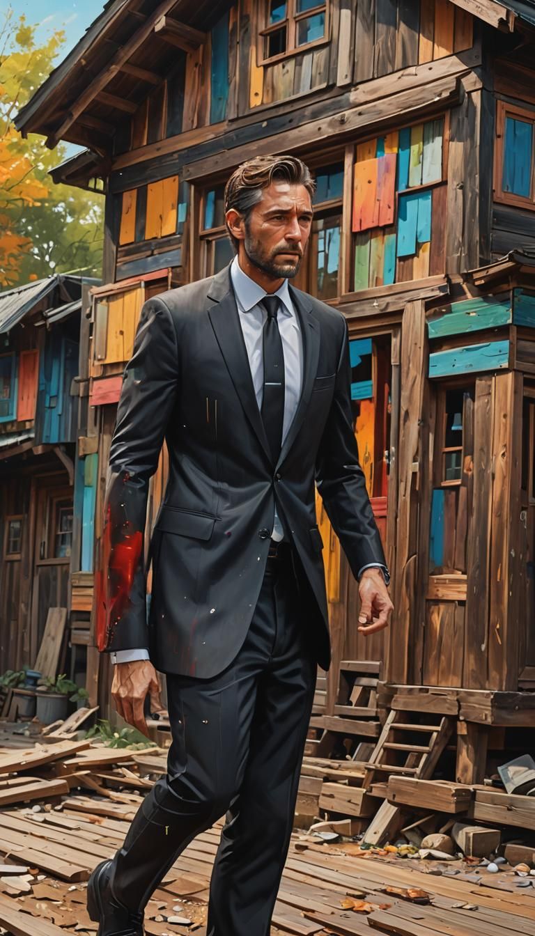 Man in Black Suit Walking Outdoors: Hyperrealistic Splash Ar...