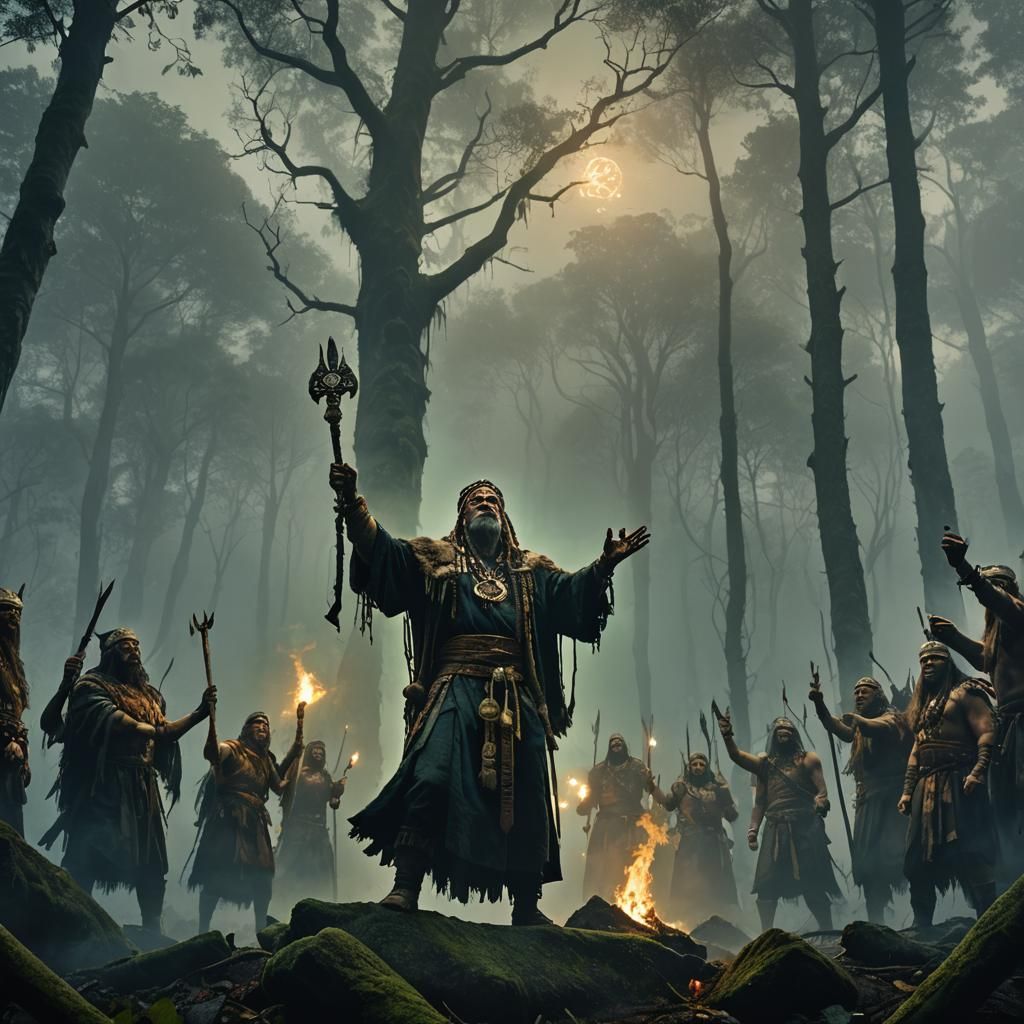 Eerie Shaman in Misty Forest: Dark Fantasy Art