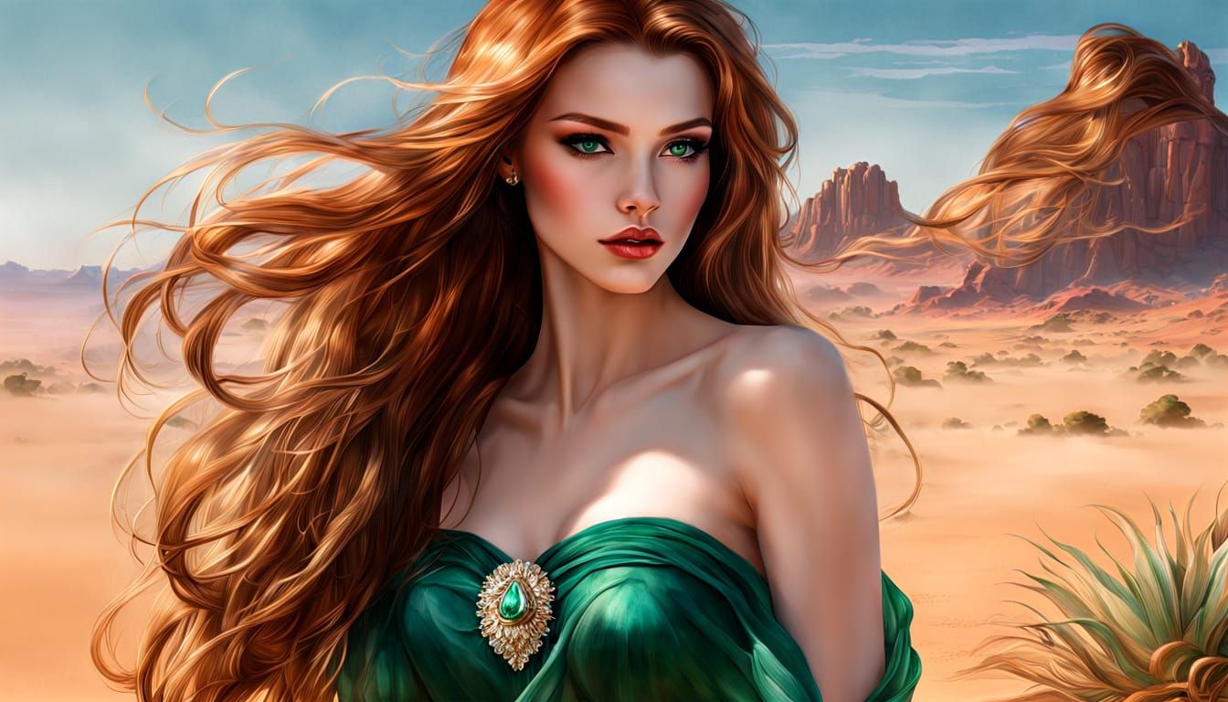 Anime Muse in Martian Desert: Exotic Watercolor Pin-Up