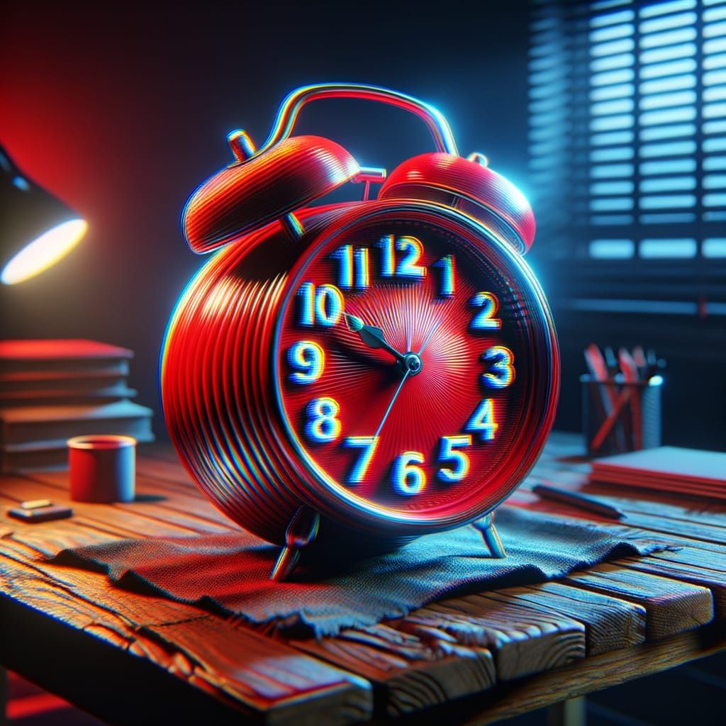 Hyperrealistic Red Alarm Clock on Wooden Table