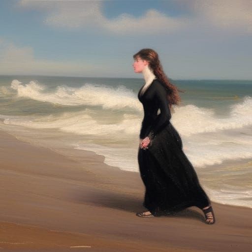 Victorian Woman's Beach Stroll: An Oil Painting