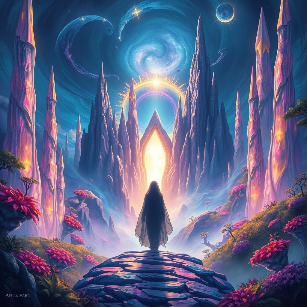 Mystical Figure Awakens in Vibrant, Surreal Realm