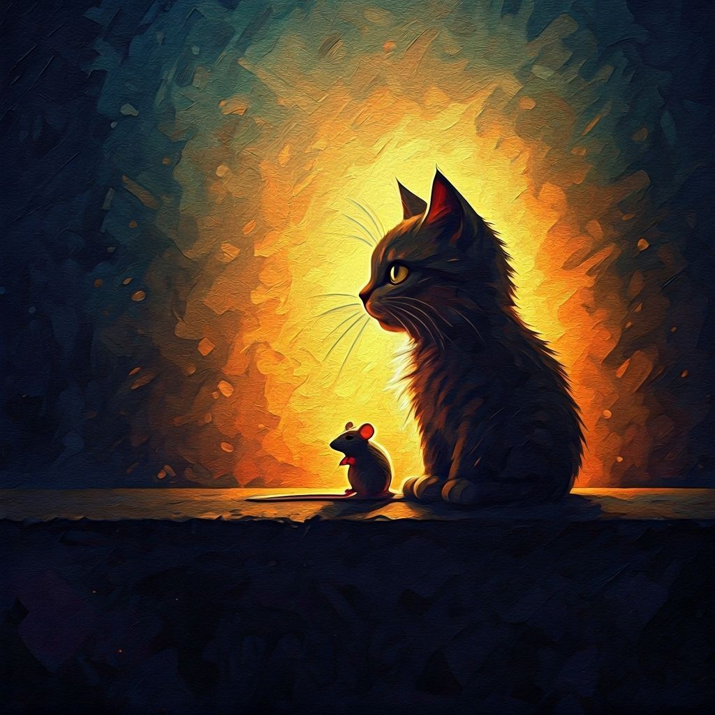 Cat Silhouette with Mouse Inside in Gouache Style