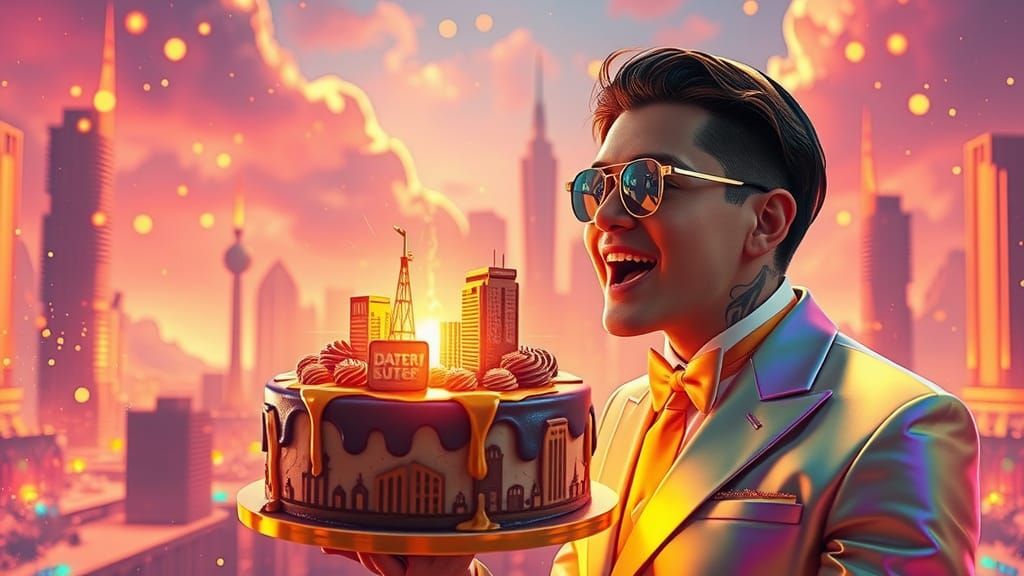 Psychedelic Birthday Cake in a Futuristic Cityscape