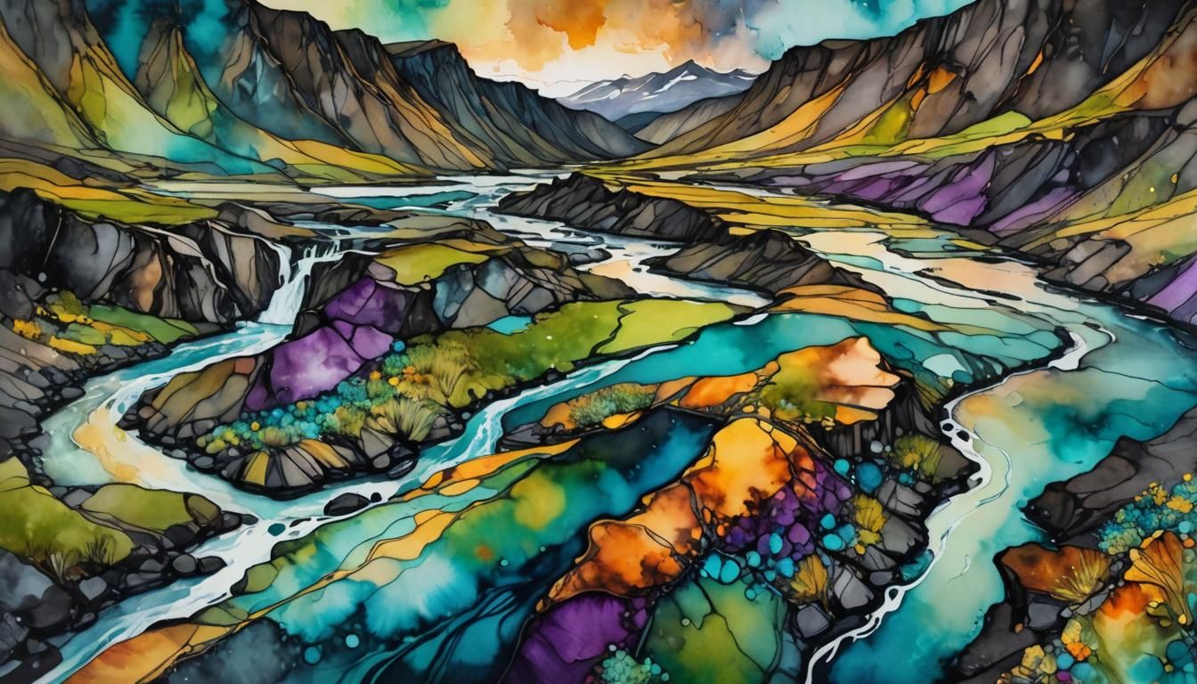 Icelandic River Landscape in Alcohol Ink Art