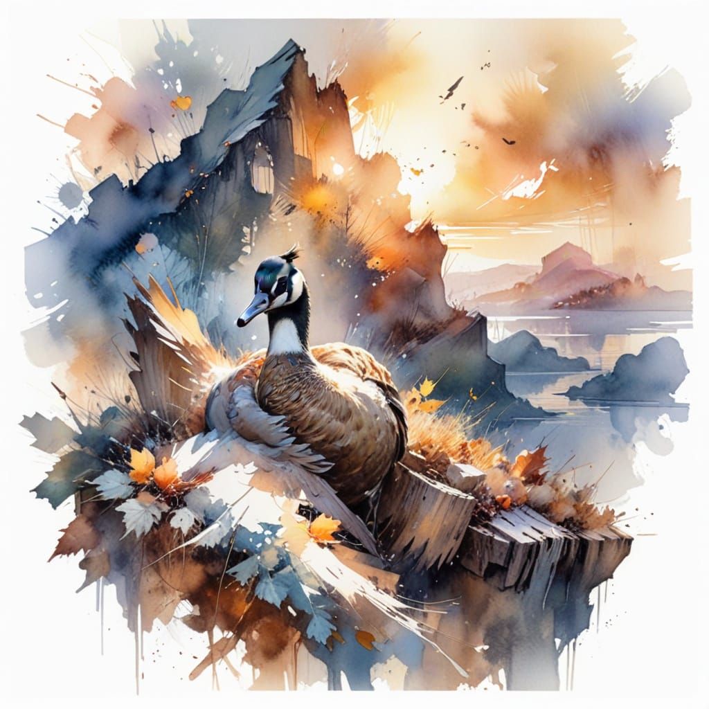 Serene Canadian Goose in Watercolor Autumn Scene
