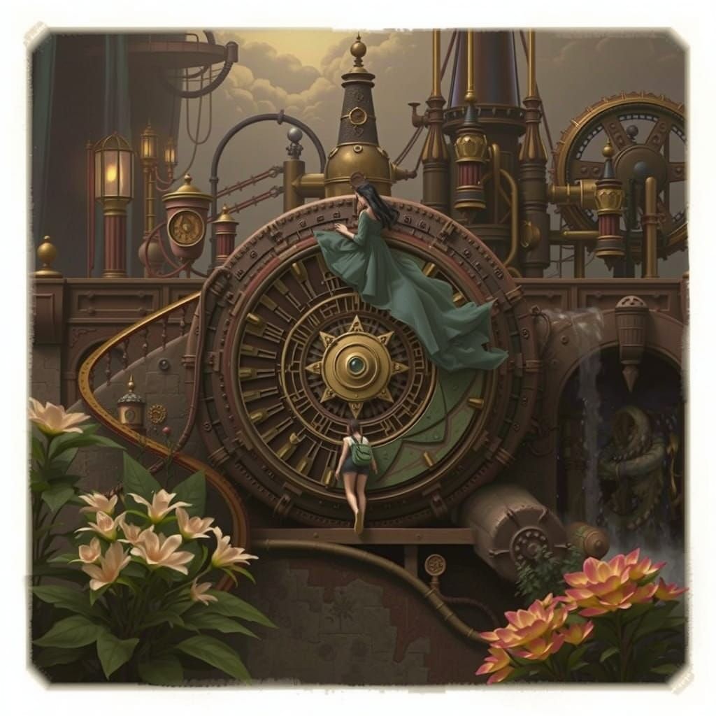 Woman Walking in Serene Steampunk Landscape
