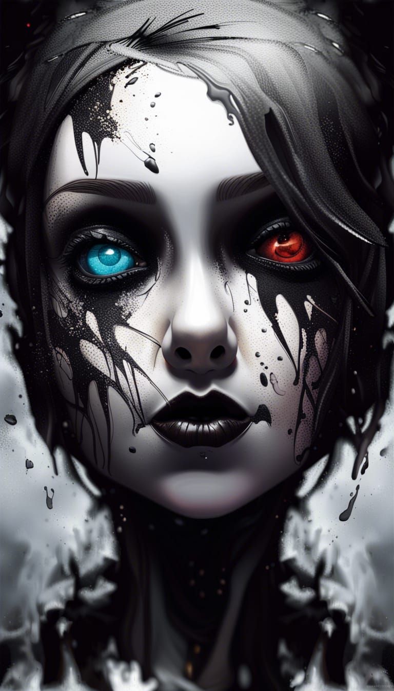 A portrait, dark, moody, atmospheric, alternate reality, gothic, caricature, surrealism, textured, Hyperrealistic, splas...