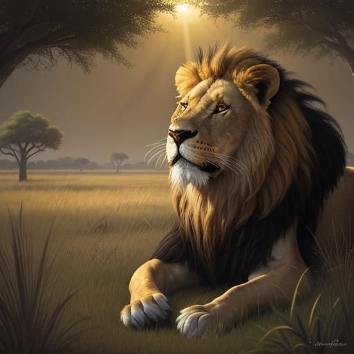 Lion in African Savanna at Sunset, Oil Painting