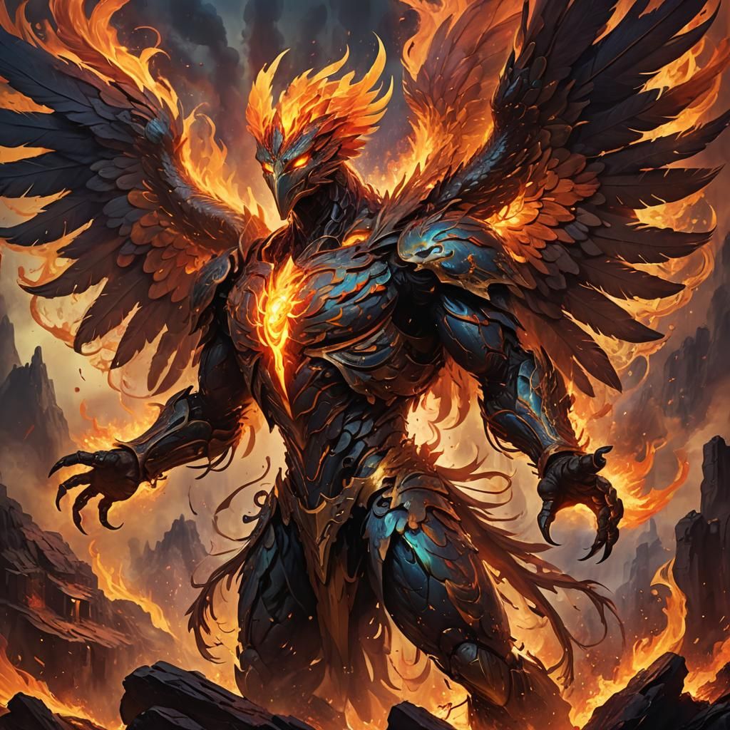 Phoenix Golem Rises: Epic Fantasy Oil Painting